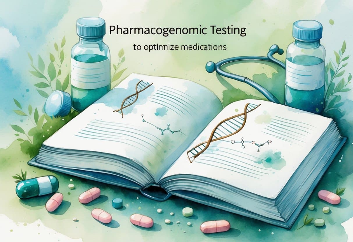 An open book with illustrations of DNA strands and molecules, surrounded by a medicine bottle, pills, and a stethoscope on a soft blue-green background.