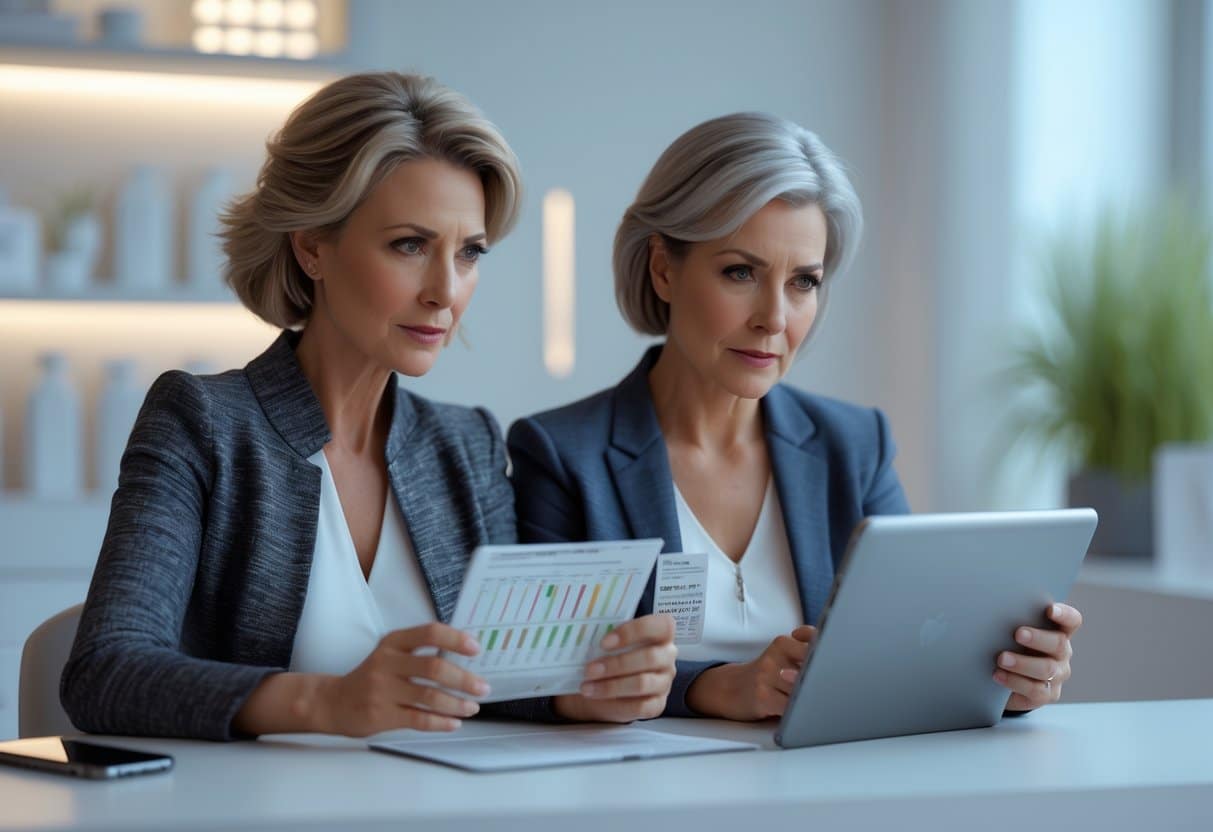 Two women, one in her 40s and one in her 50s, sitting together in a medical clinic reviewing genetic test results on a tablet.