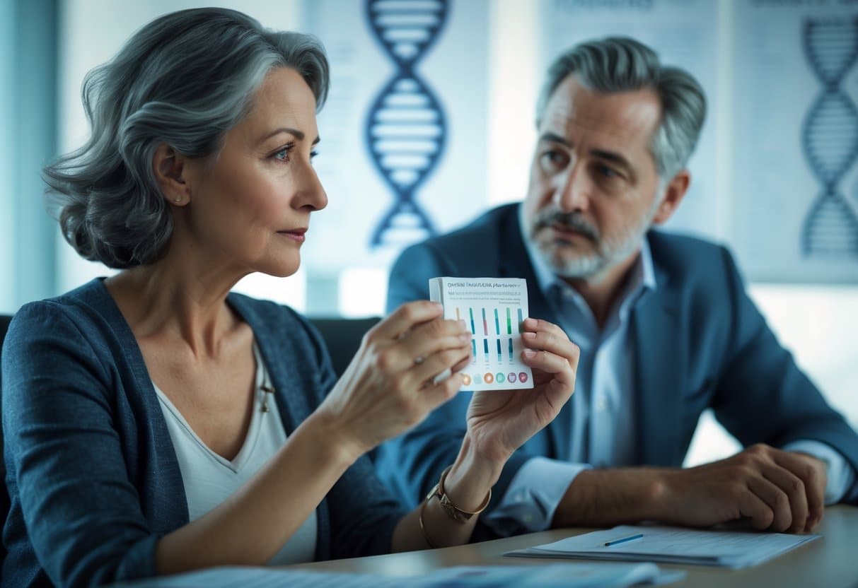 A middle-aged woman and man sitting in a medical office, looking thoughtfully at a genetic testing kit.