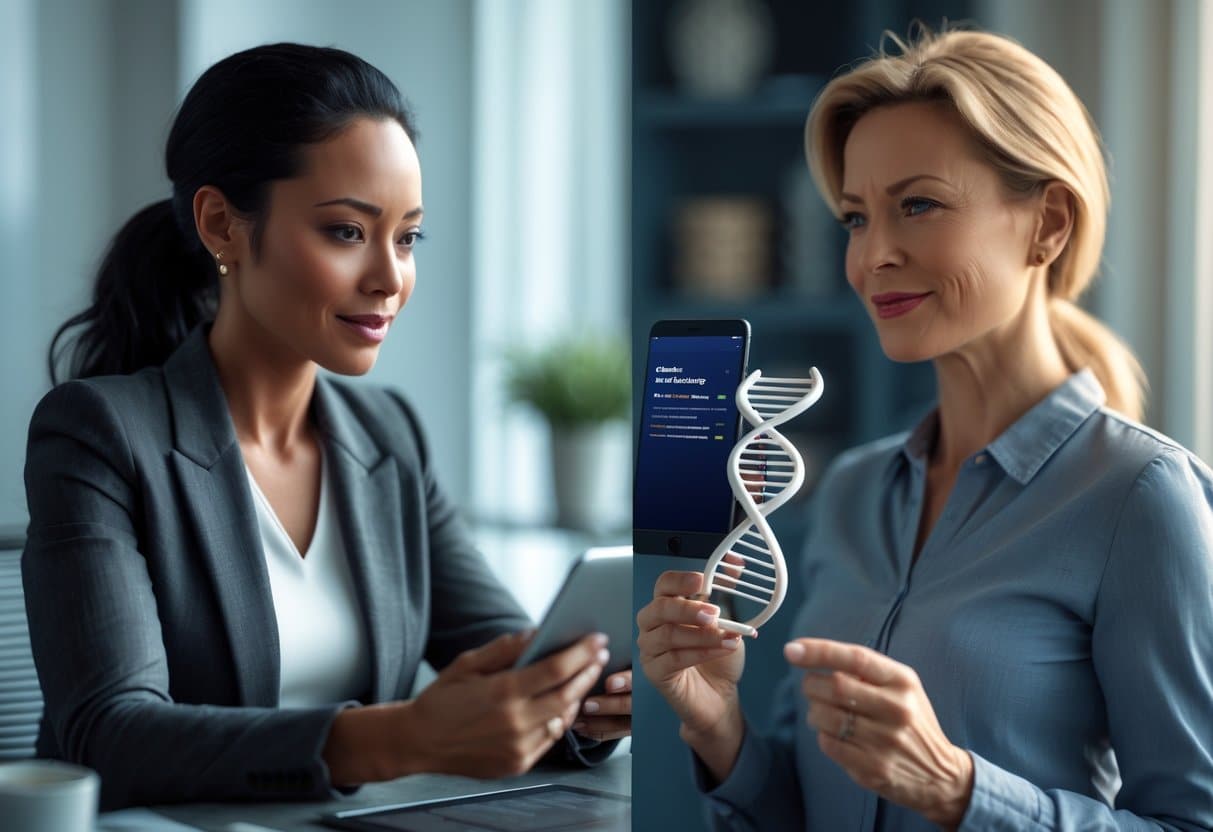 A woman in her early 40s reviews genetic test results on a tablet while another woman in her early 50s holds a DNA model near a window, symbolizing genetic testing and disease prevention at different ages.