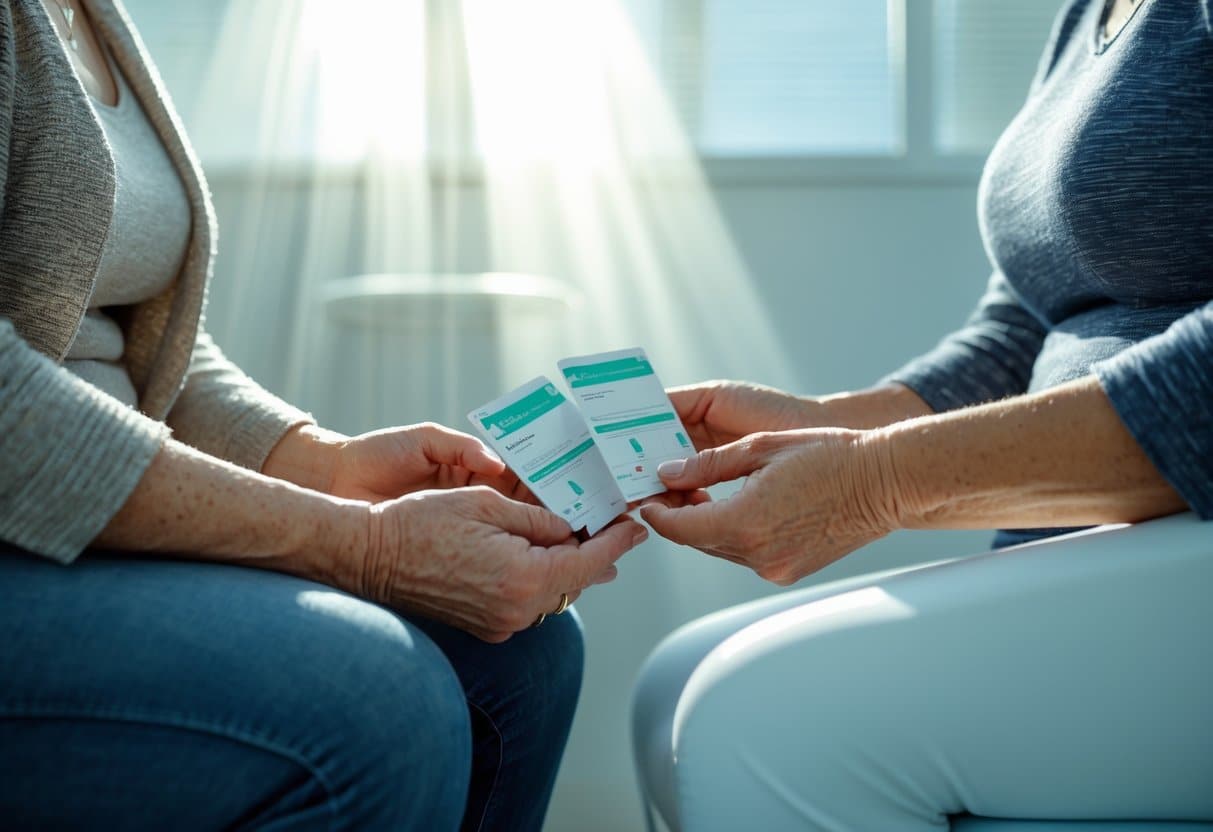 Two middle-aged women sitting in a medical clinic, holding genetic testing kits and documents, preparing for cancer screening.
