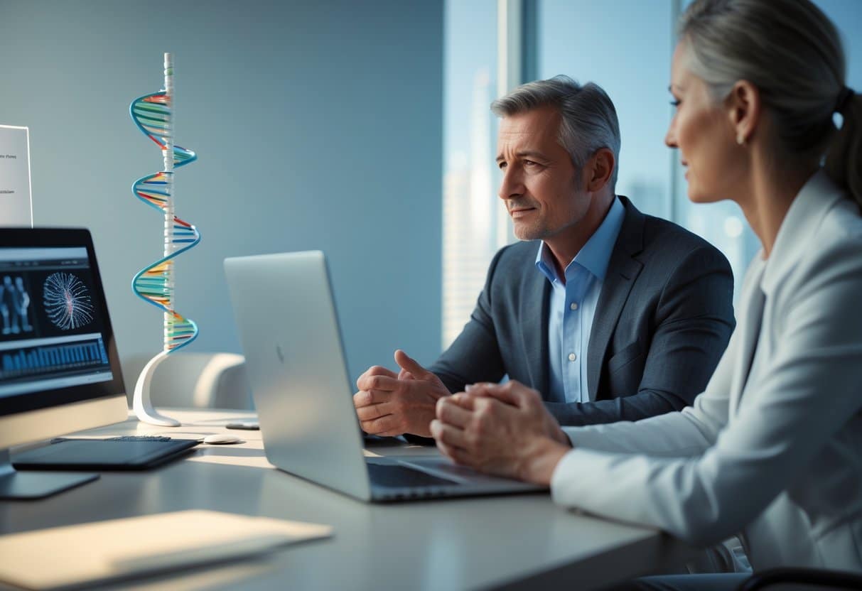 A middle-aged person consulting with a healthcare professional in a medical office, with DNA models and medical charts visible on the desk.