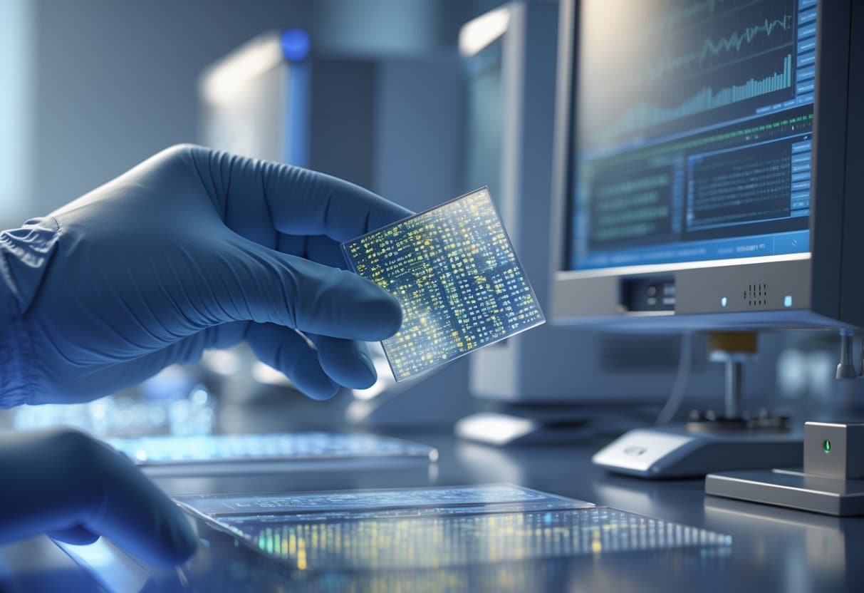 Close-up of a scientist's hands holding a DNA microarray chip in a medical lab with genetic sequencing machines and monitors in the background.