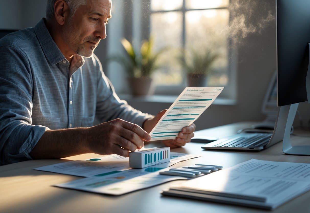 A middle-aged person sitting at a desk examining a genetic testing kit and medical documents in a softly lit room.