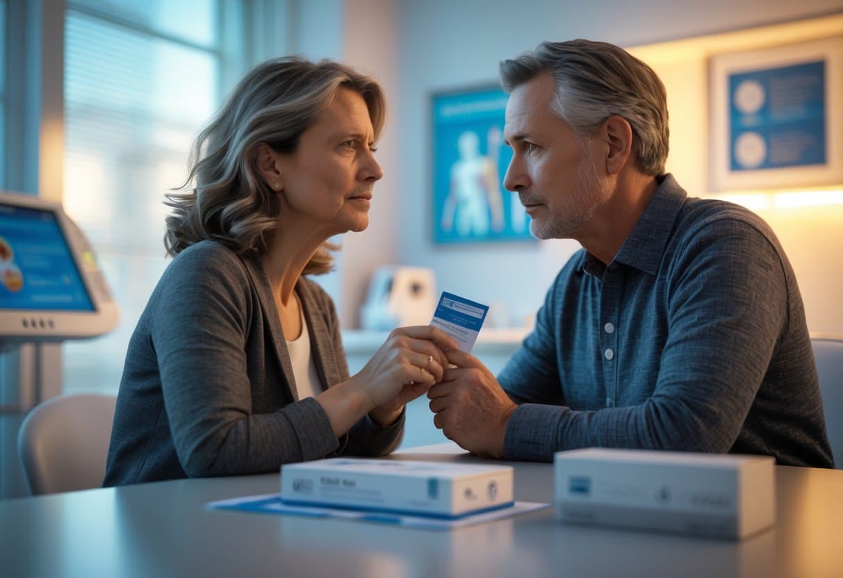 A middle-aged woman and an older man sit together in a medical consultation room, examining a genetic testing kit with focused expressions.