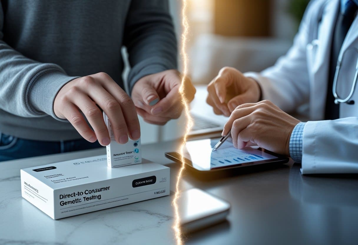 A split image showing a person at home using a genetic test kit on one side and a doctor consulting a patient with genetic test results in a clinical setting on the other.