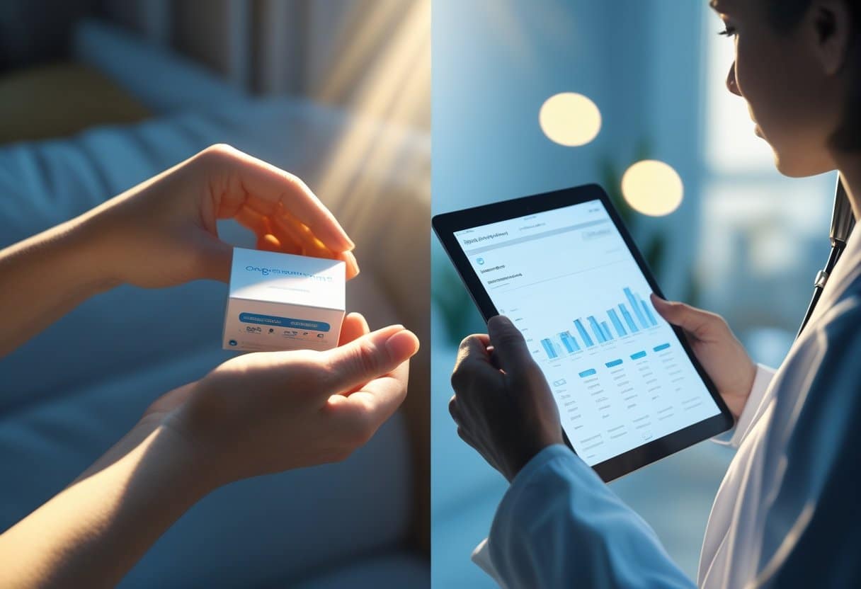 A split scene showing a person at home opening a genetic testing kit on one side and a doctor consulting a patient with genetic data on a tablet in a clinical setting on the other side.