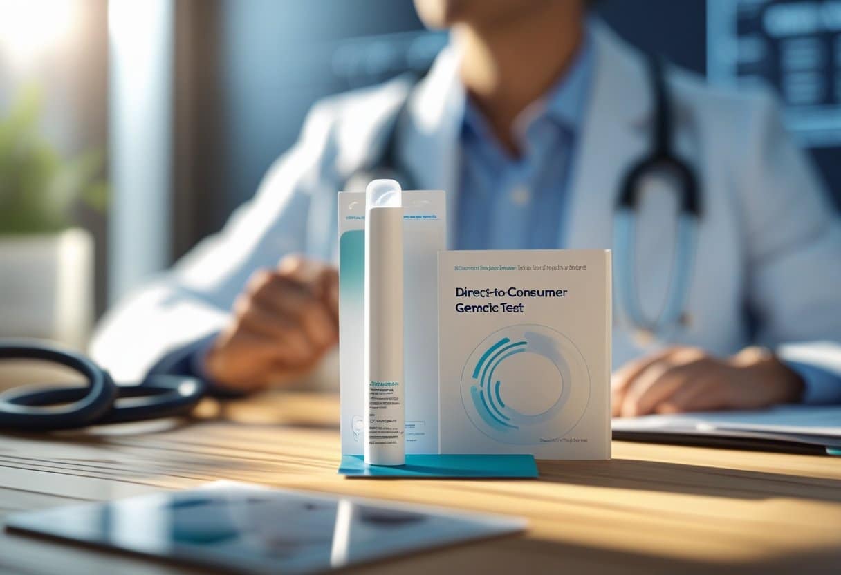 A close-up of a direct-to-consumer genetic testing kit on a wooden table with a blurred doctor’s office background, including a stethoscope and medical charts.