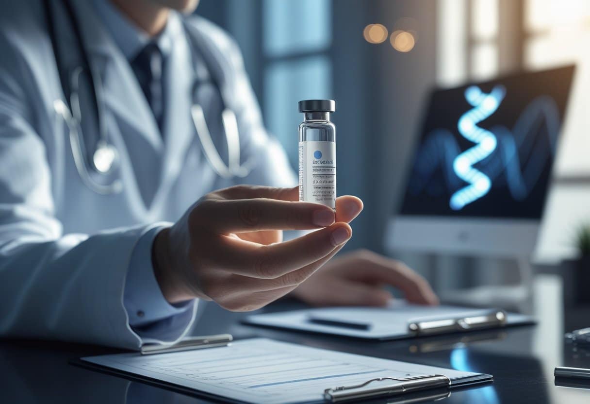 A doctor holding a vial with a DNA sample in a medical office, with a genetic testing device and a computer screen showing a DNA helix in the background.