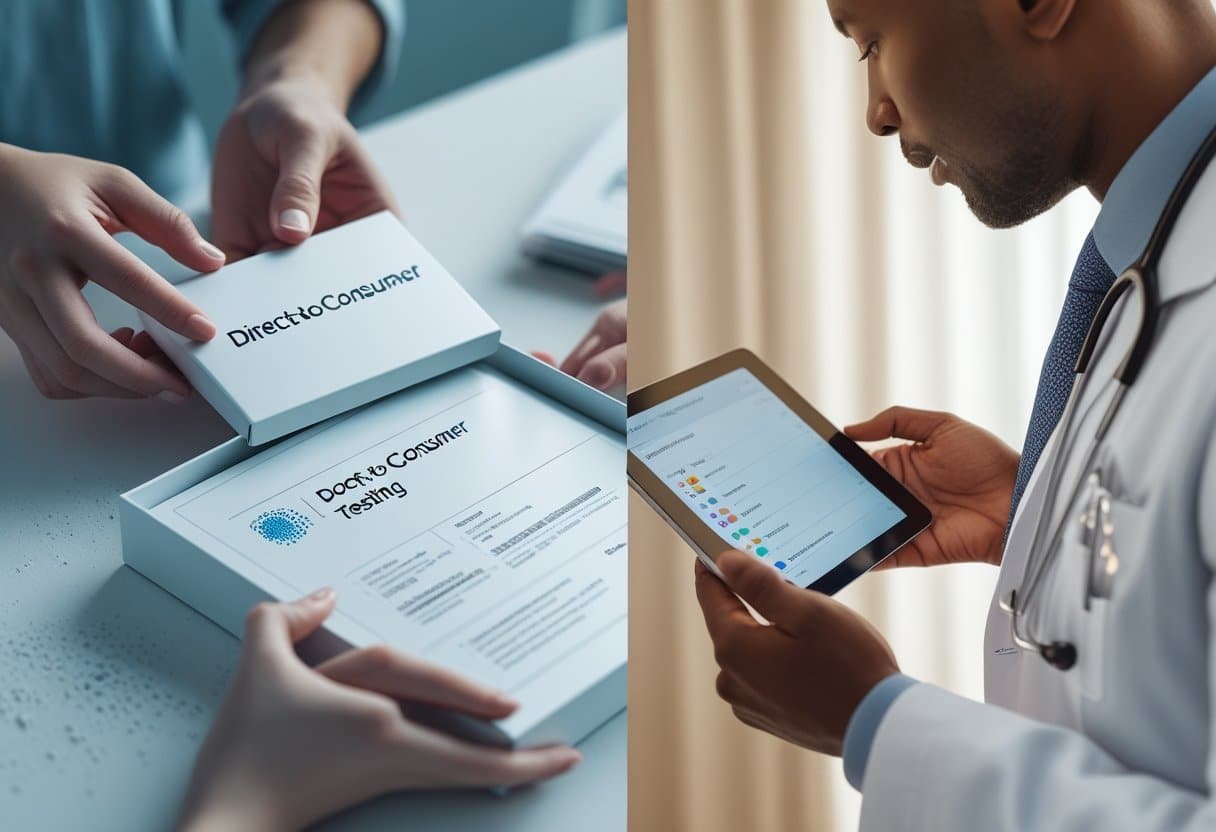 A split scene showing a person at home holding a genetic test kit on one side and a doctor discussing genetic test results with a patient in a medical office on the other side.