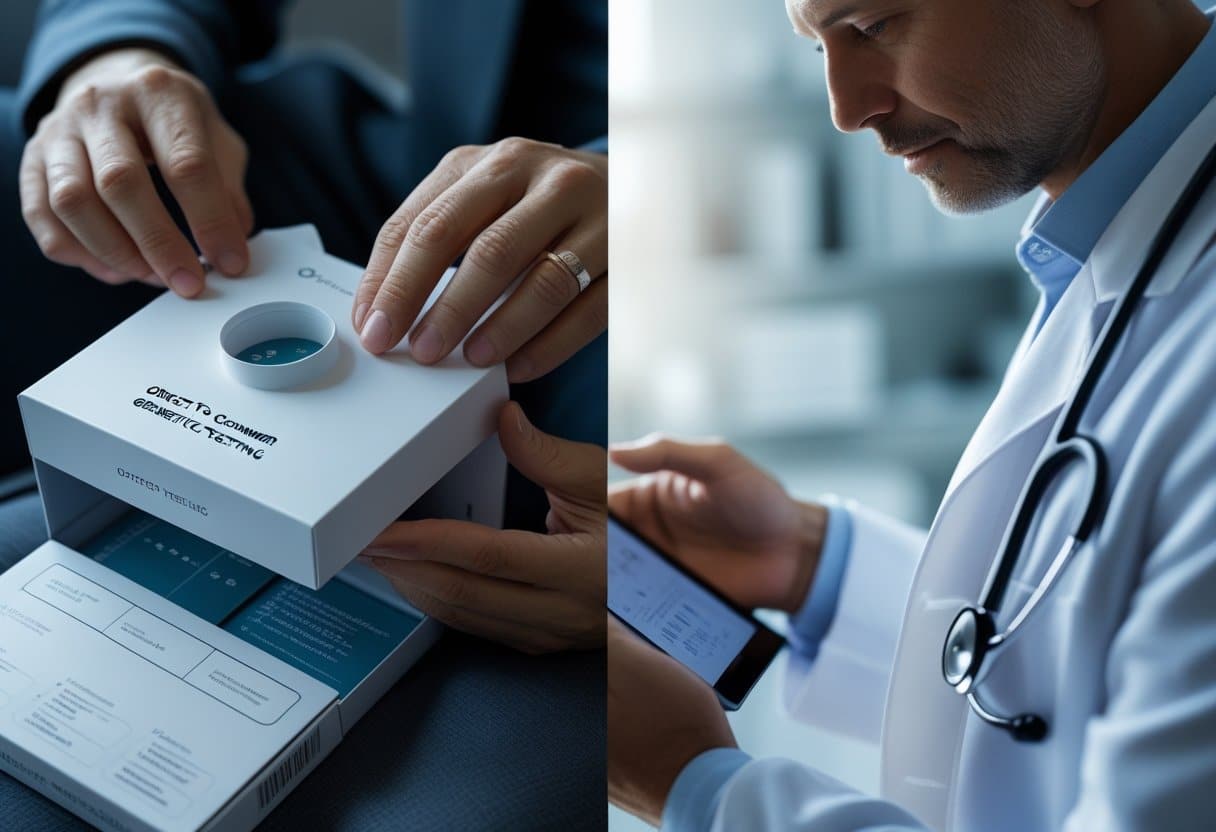 A person opening a genetic test kit at home while a doctor reviews genetic test results on a tablet in a clinical setting.