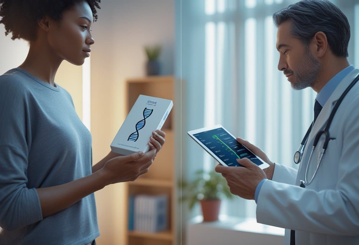 A patient holding a genetic testing kit and a doctor reviewing test results on a tablet in a medical consultation room.