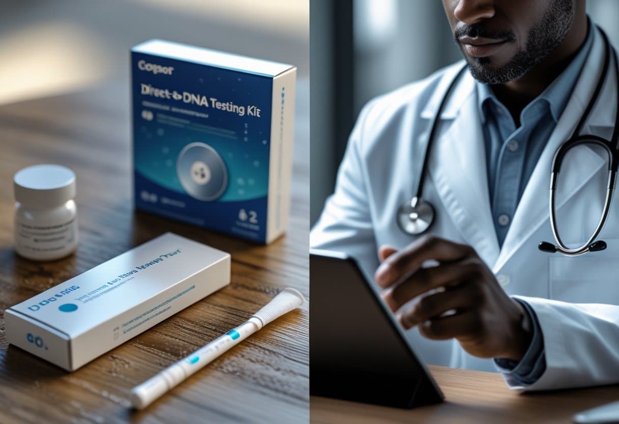 A home genetic testing kit on a wooden table next to a doctor reviewing genetic test results on a tablet.