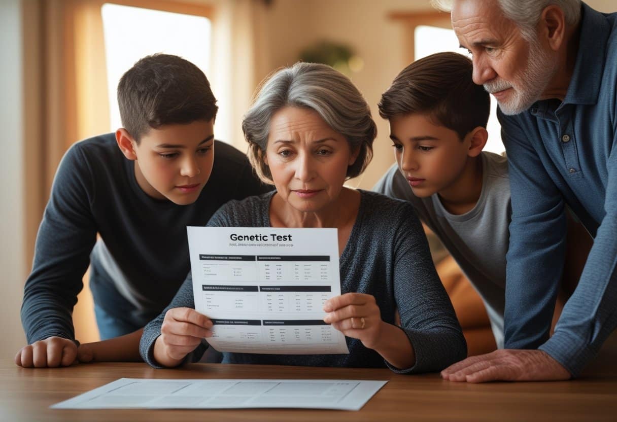 A multi-generational family gathered around a table, looking at a genetic test report with expressions of care and attention.