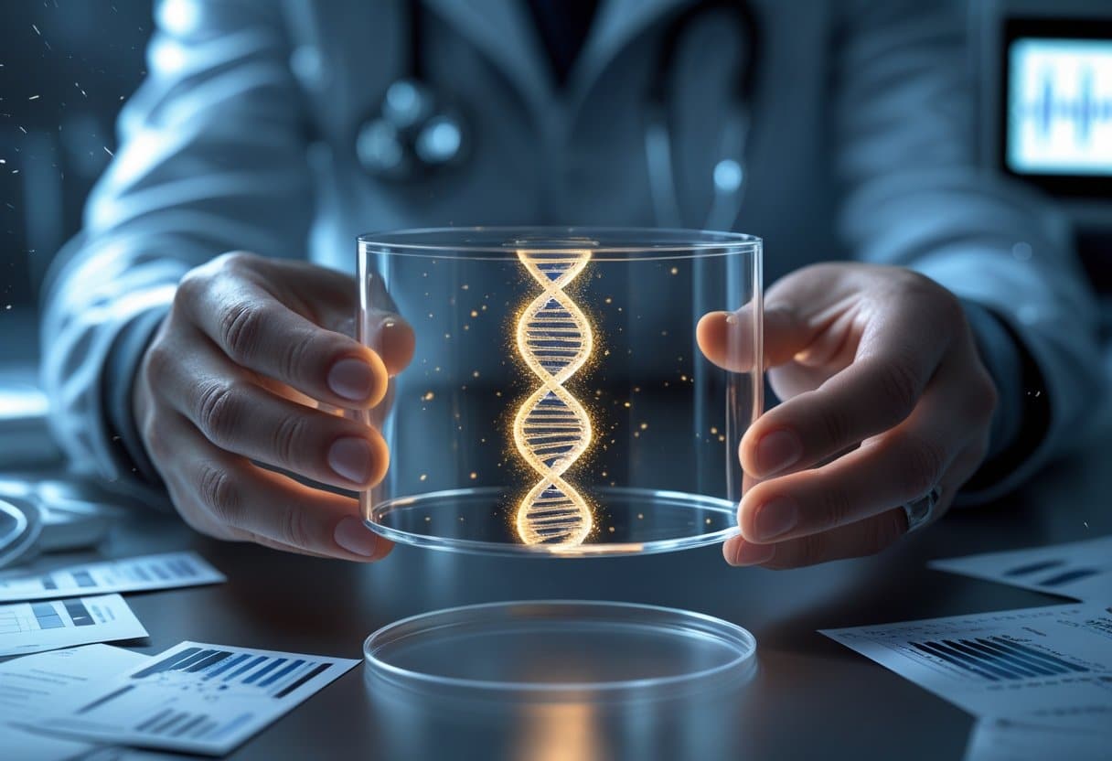 Close-up of hands holding a petri dish with a glowing DNA strand, surrounded by genetic test papers and a digital tablet in a laboratory setting.
