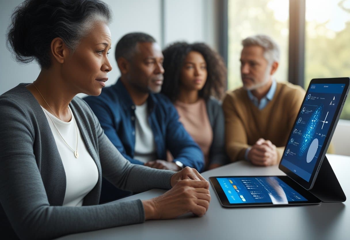 A genetic counselor discussing test results with a family of three in a modern office setting, showing attentive and concerned expressions.