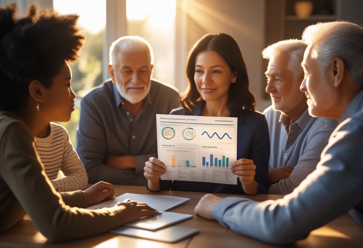 A family gathered around a table reviewing a genetic test report together, showing multiple generations engaged in discussion about health.