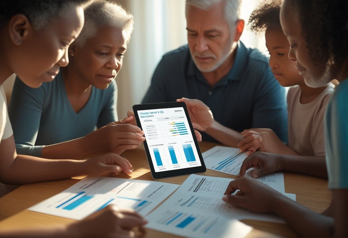 A family gathered around a table, looking closely at genetic test results on paper and a tablet, showing expressions of concern and hope.