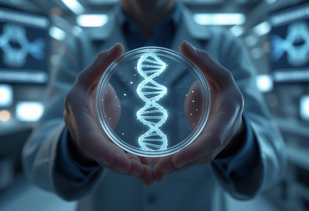 Close-up of a scientist holding a petri dish with a glowing DNA strand inside, set in a laboratory environment.