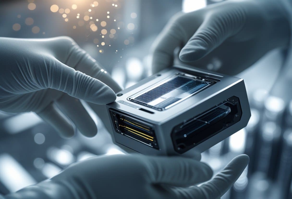 Close-up of a scientist's hands holding a DNA sequencing device in a laboratory.
