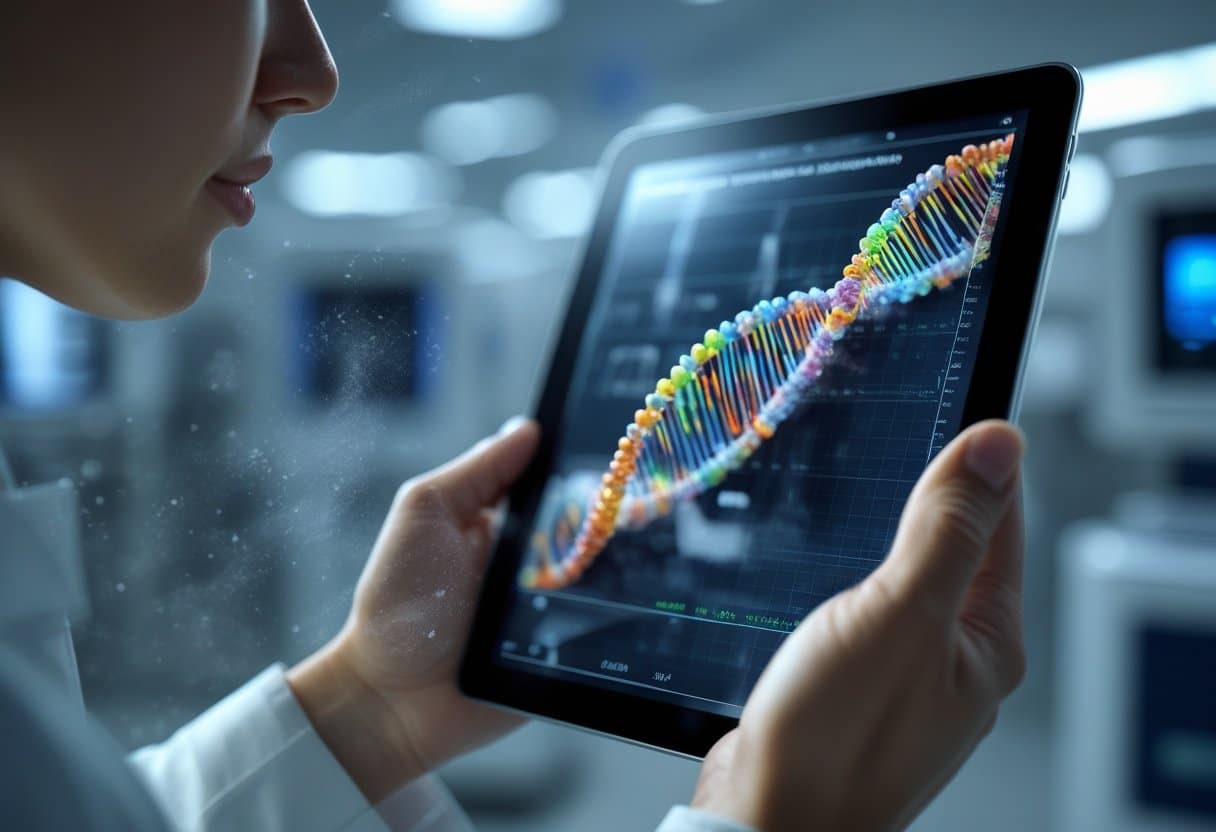 A scientist holding a digital tablet showing a 3D human genome model in a clinical laboratory setting with DNA sequencing machines in the background.