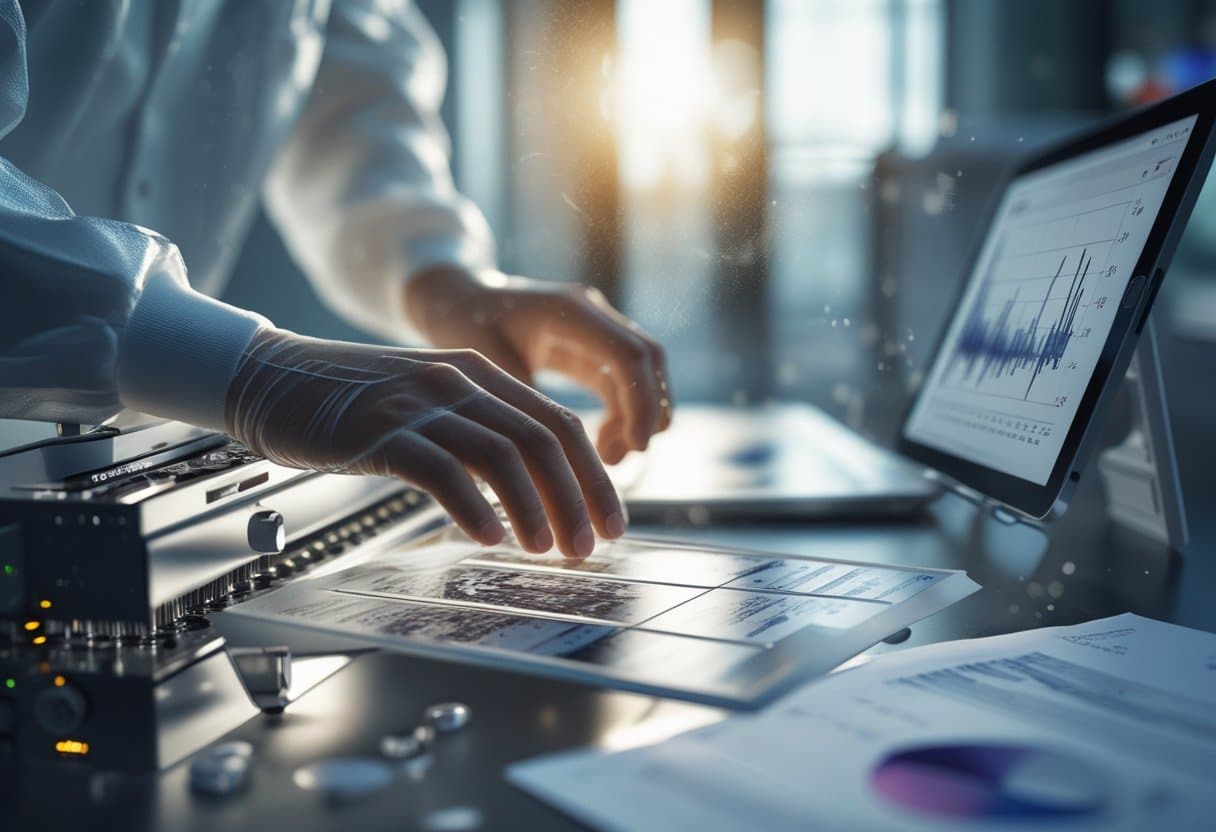 Close-up of a scientist's hands operating advanced genome sequencing equipment in a laboratory, with detailed textures of the machine and scientific papers nearby.