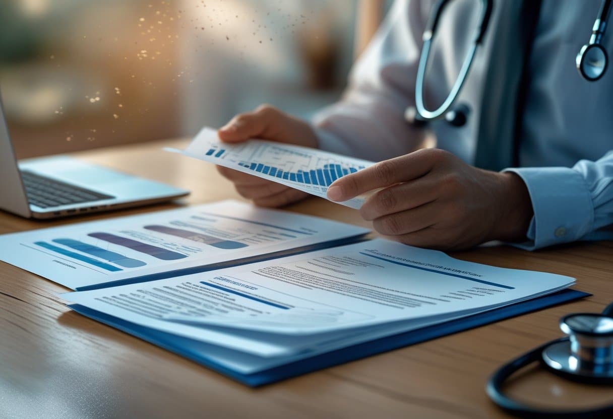 Close-up of hands holding a whole genome sequencing report and an insurance policy document on a wooden desk, with a laptop and stethoscope in the background.