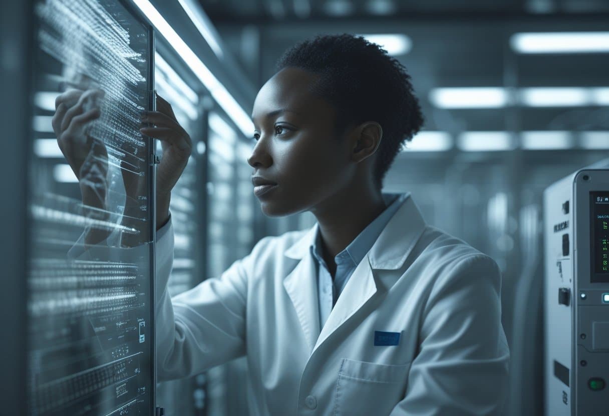 A scientist in a lab closely examining a DNA sequencing machine surrounded by advanced equipment.