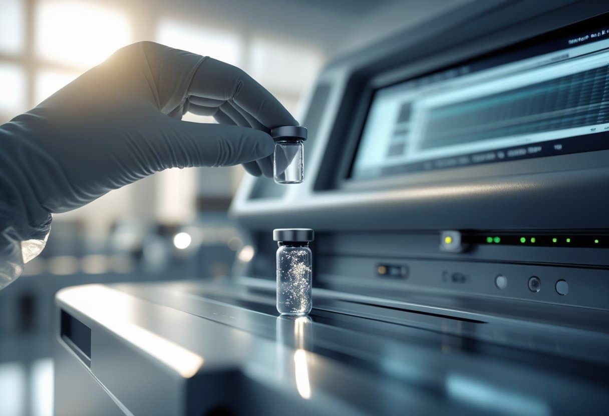 A scientist's hand holding a sample vial near a high-tech genome sequencing machine in a laboratory.