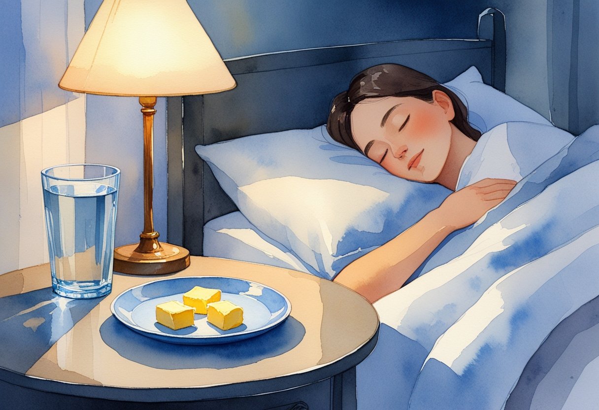 A person sleeping peacefully in bed next to a bedside table with a plate of butter and a glass of water.