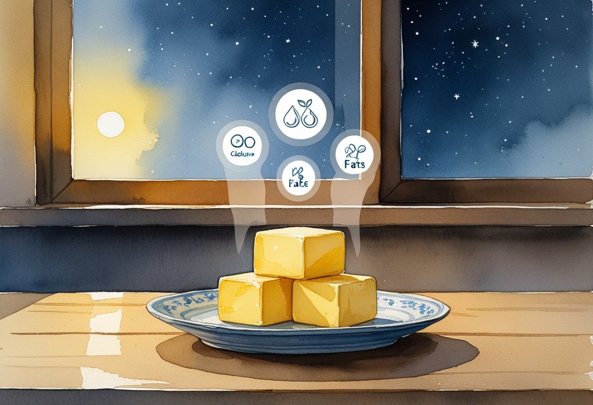A nighttime kitchen table with two tablespoons of butter on a plate, surrounded by soft glowing icons representing nutrition, with a window showing a starry night sky.
