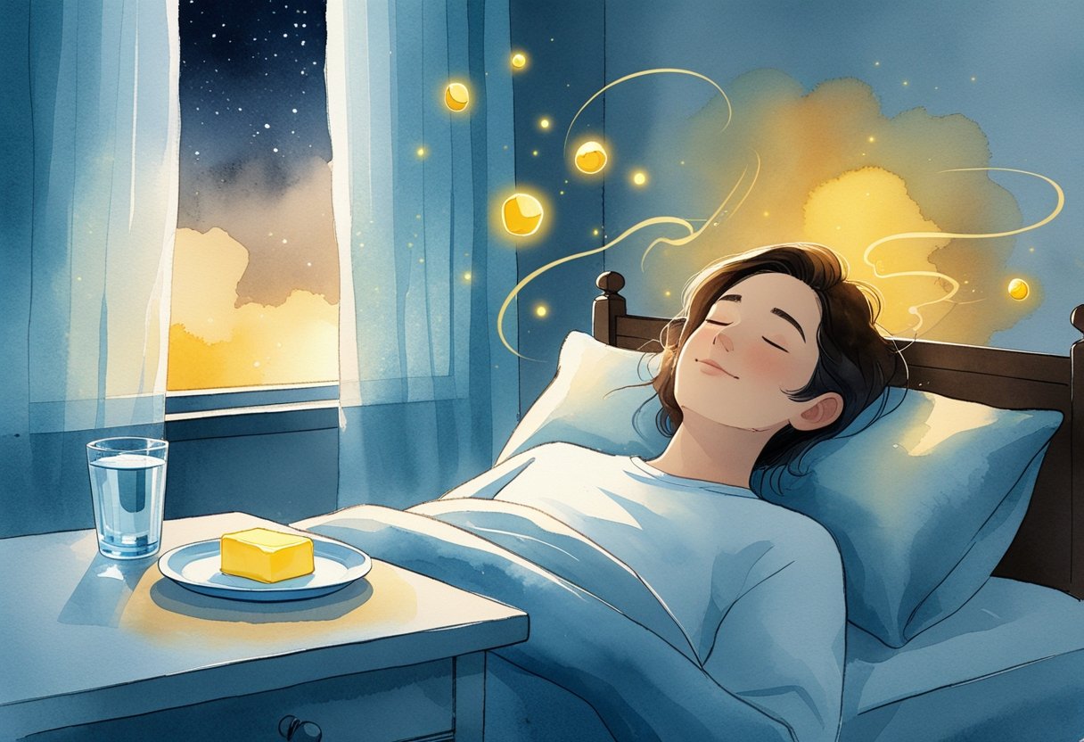 A peaceful bedroom at night with a person sleeping calmly, a plate with two tablespoons of butter on a bedside table, and soft glowing elements around the stomach area symbolizing digestion.