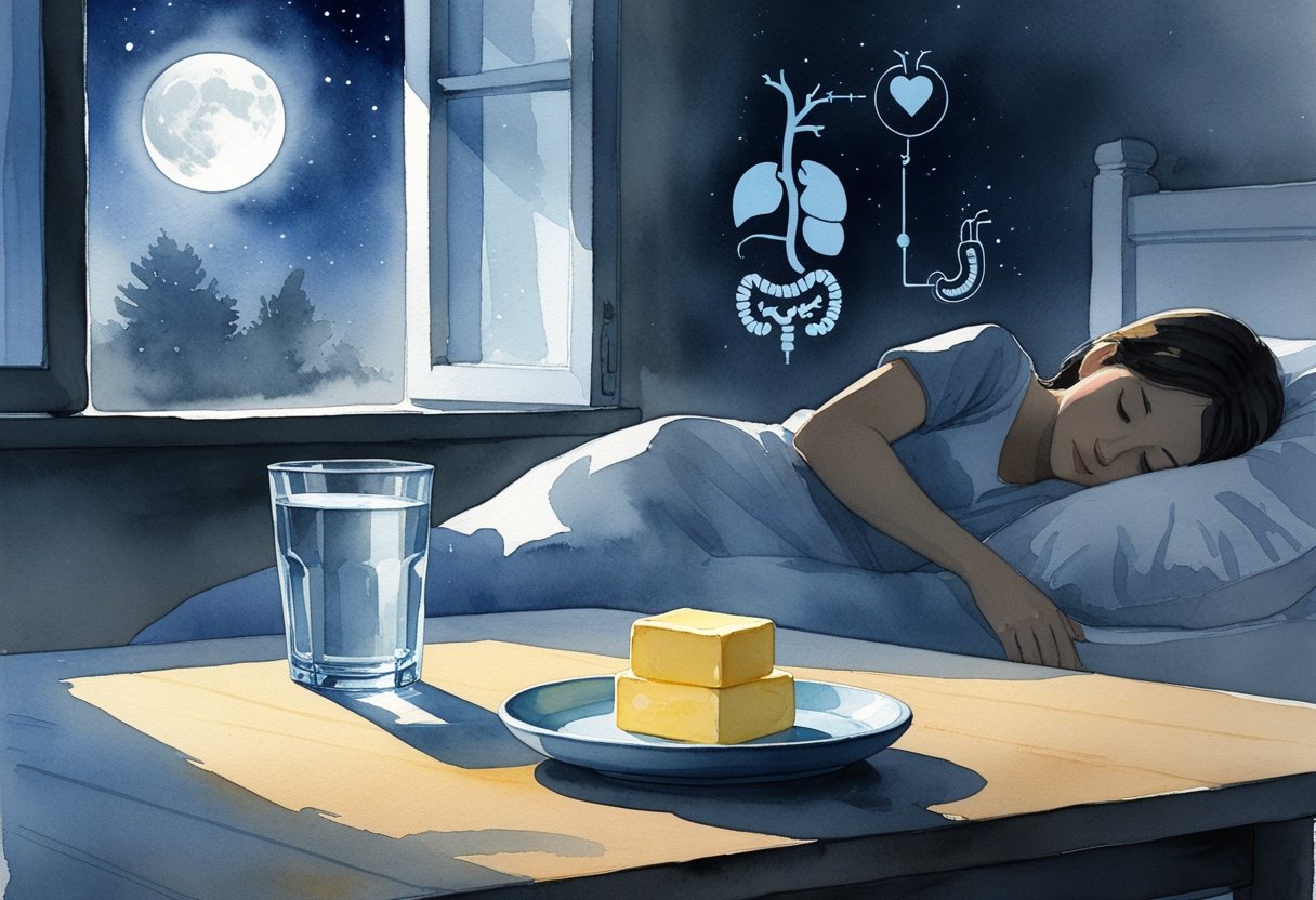A nighttime kitchen table with a dish of butter and a glass of water near a window with moonlight, with faint symbolic shapes of a heart, digestive system, and a sleeping person in the background.