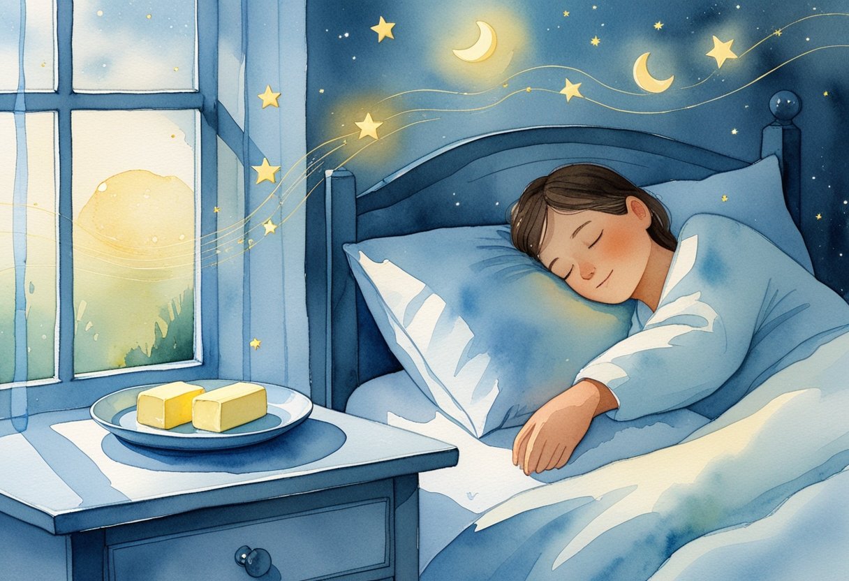 A peaceful bedroom at night with a bedside table holding two tablespoons of butter, soft moonlight shining through a window, and a sleeping person in bed surrounded by gentle glowing orbs and stars.