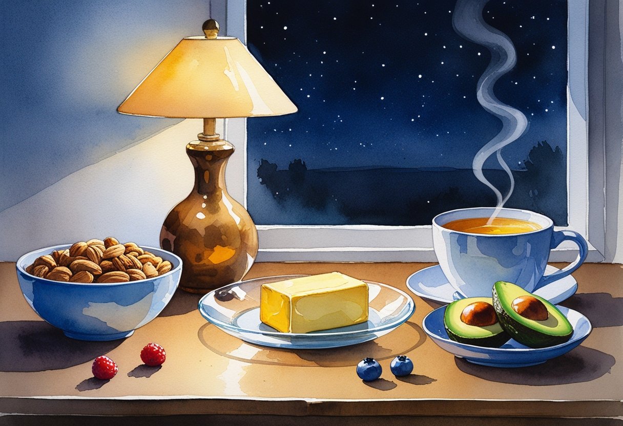 A nighttime kitchen table with two tablespoons of butter and several healthier snack options including nuts, avocado slices, herbal tea, and berries under soft warm lighting.