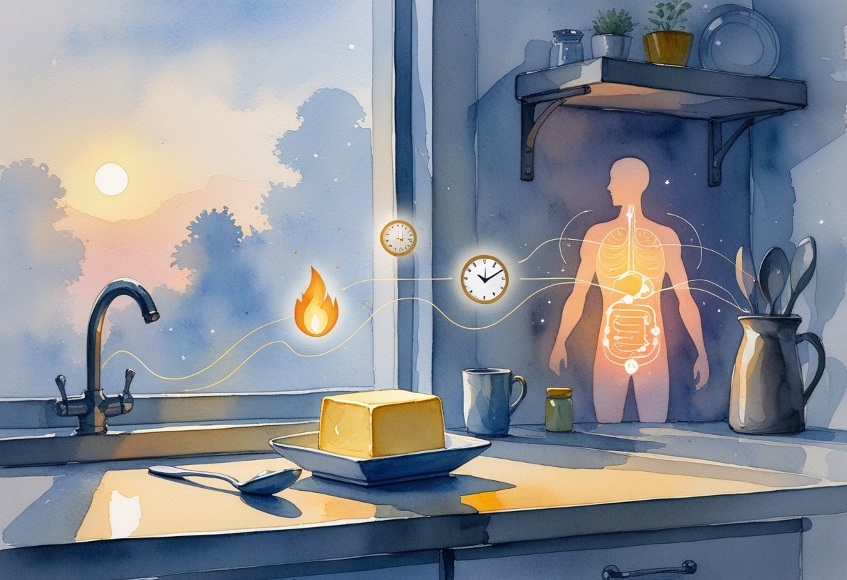 A nighttime kitchen countertop with a small dish of butter and a spoon, surrounded by abstract symbols representing metabolism and energy balance.