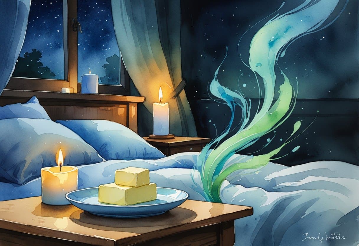 A nighttime bedroom scene with a small table holding two tablespoons of butter, soft candlelight, and a cozy bed under a starry sky.