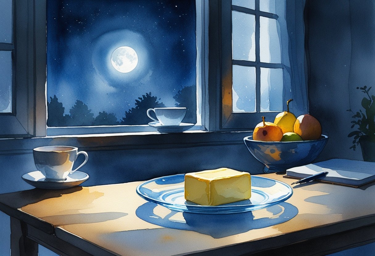 A nighttime kitchen table with two tablespoons of butter on a plate, softly lit by moonlight, with a teacup, fruit bowl, and notebook nearby.