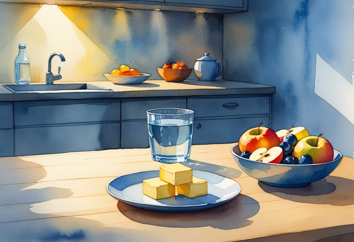A cozy kitchen table at night with a plate of butter, a bowl of fresh fruit, and a glass of water under warm light.