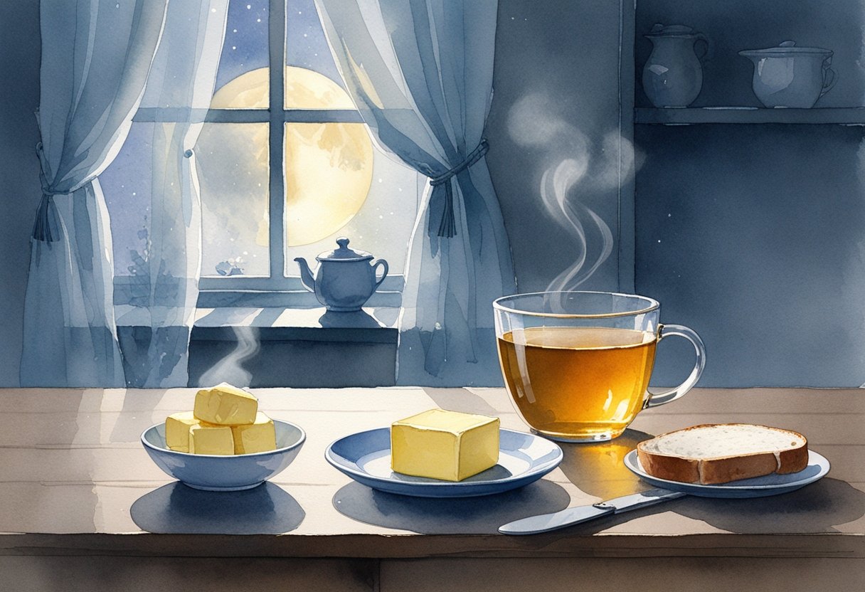 A kitchen table at night with a bowl of butter, a cup of tea, and a slice of bread near a window showing moonlight.