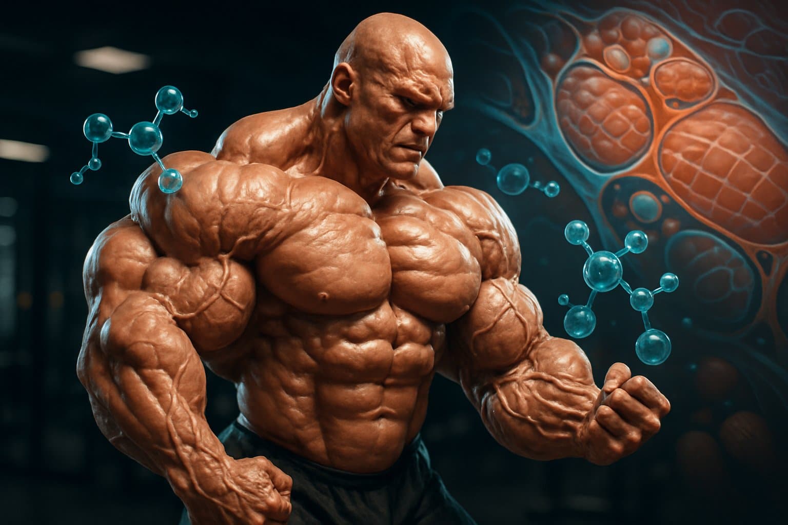 A muscular human figure with enlarged muscles and visible veins surrounded by glowing molecular structures, set against a gym background.