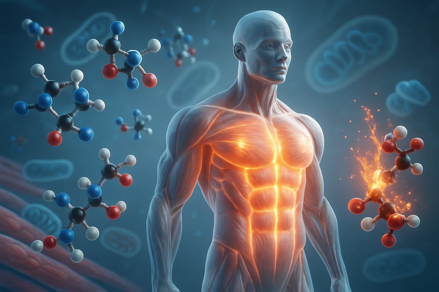 A translucent human figure with glowing muscles surrounded by floating creatine molecules and visualizations of energy production inside muscle cells.