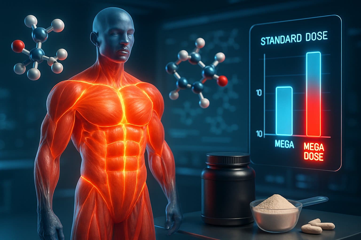 A 3D rendered transparent human figure with glowing muscles surrounded by floating creatine molecules and a digital dosage chart highlighting standard and mega doses in a futuristic laboratory.