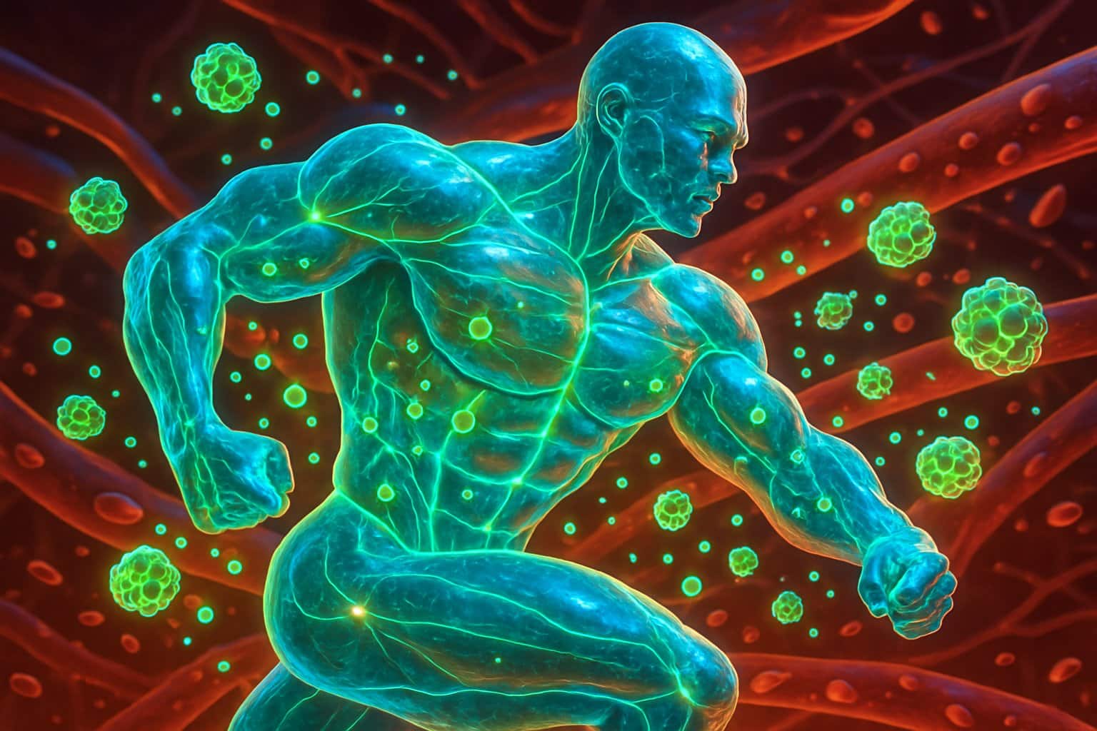 A 3D rendering of a muscular human figure with glowing, enlarged muscles and creatine molecules flowing into muscle cells, showing immediate effects of high creatine intake.