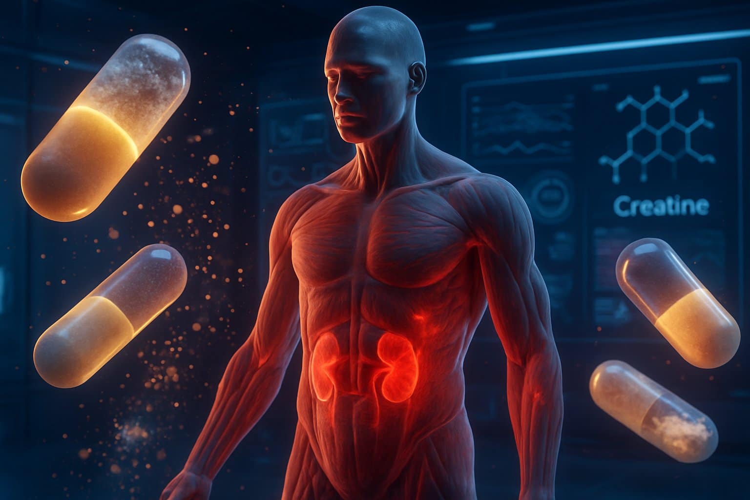 A semi-transparent human figure showing muscles and organs with glowing red areas on kidneys and muscles, surrounded by large floating creatine capsules and powder in a futuristic lab setting.