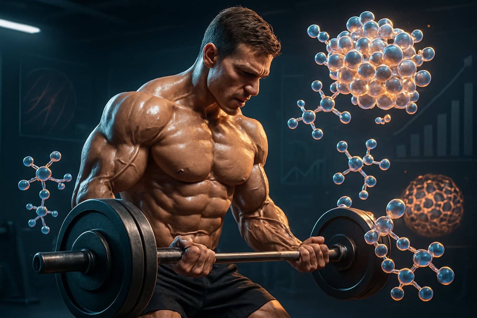 A muscular athlete lifting weights in a gym with glowing molecular structures around them symbolizing creatine and muscle growth.
