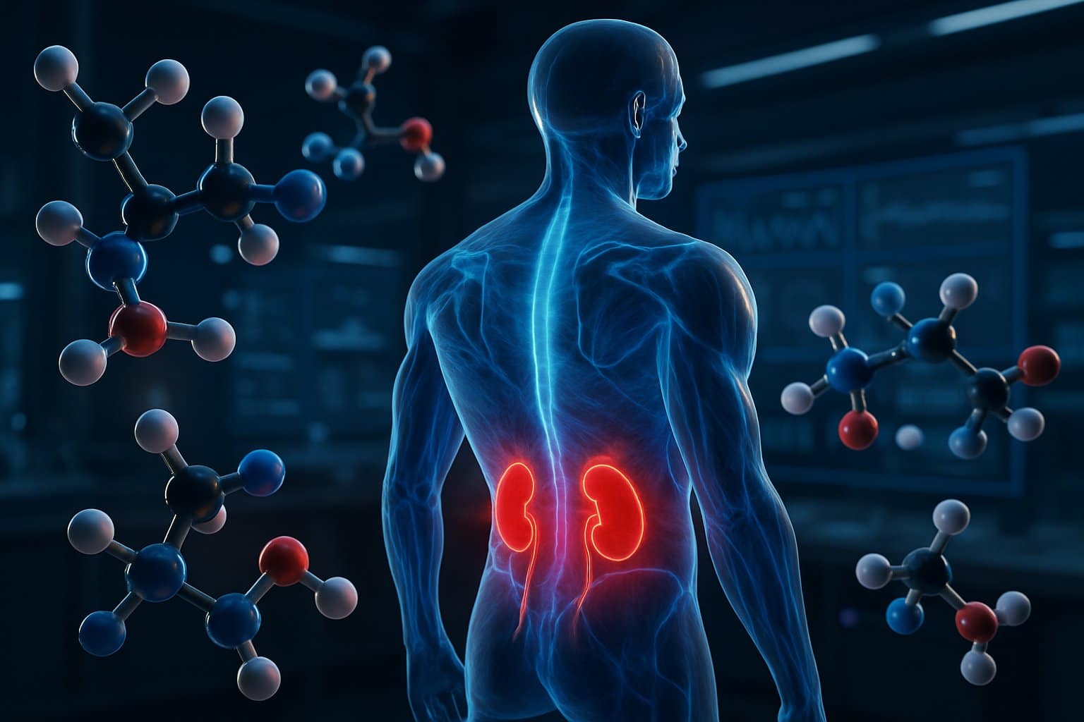Transparent human figure highlighting muscles and kidneys with floating creatine molecules in a futuristic lab setting.