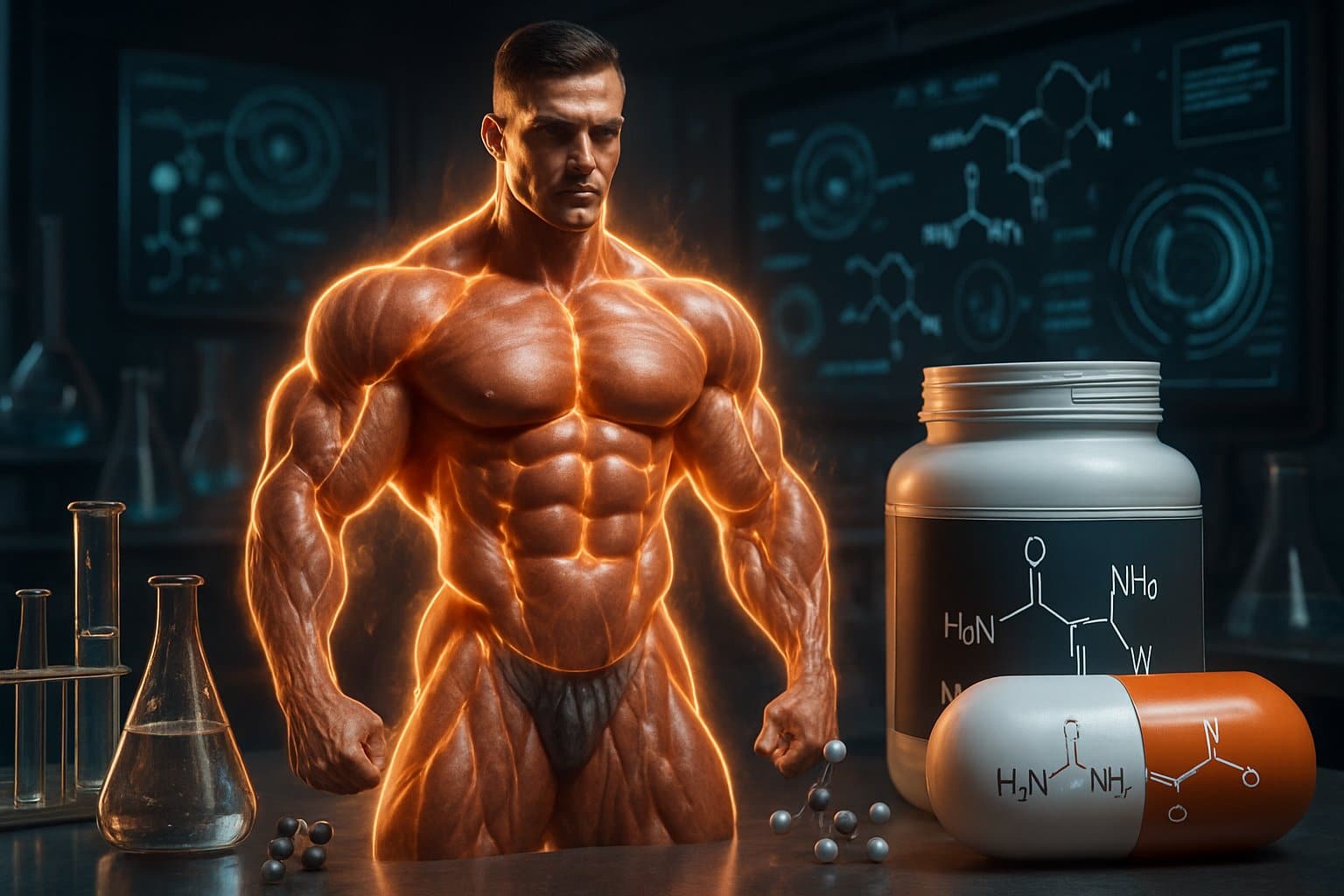 A muscular human figure in a lab surrounded by scientific equipment and creatine molecules, illustrating the effects of high doses of creatine.