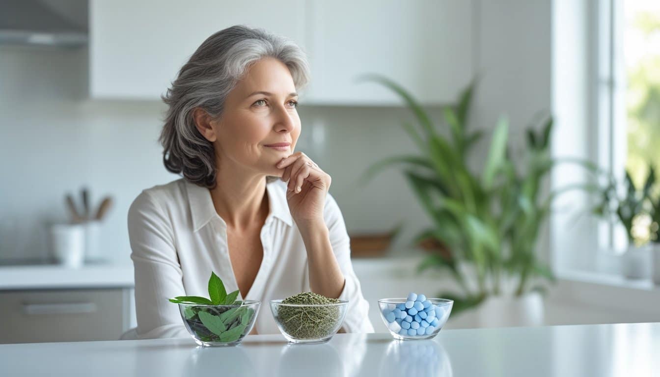 A middle-aged woman sitting at a kitchen table with bowls of natural herbs and synthetic pills, looking thoughtful.