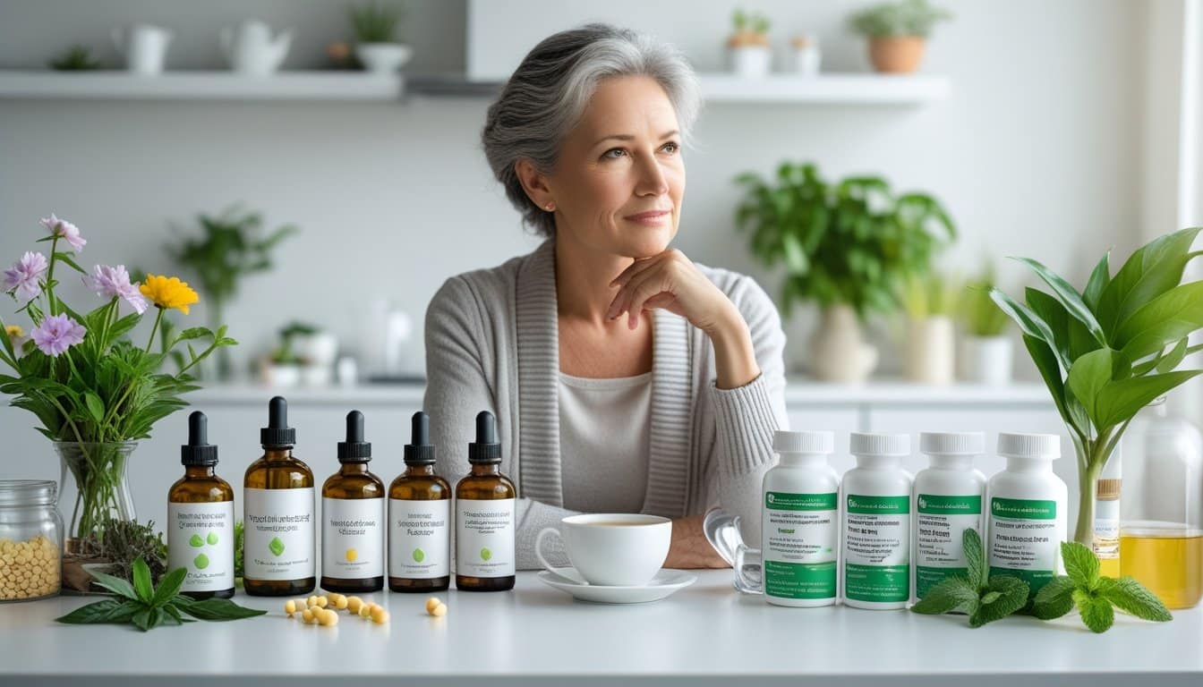 A middle-aged woman sitting at a kitchen table with natural hormone products and synthetic hormone medications placed in front of her, looking thoughtful.